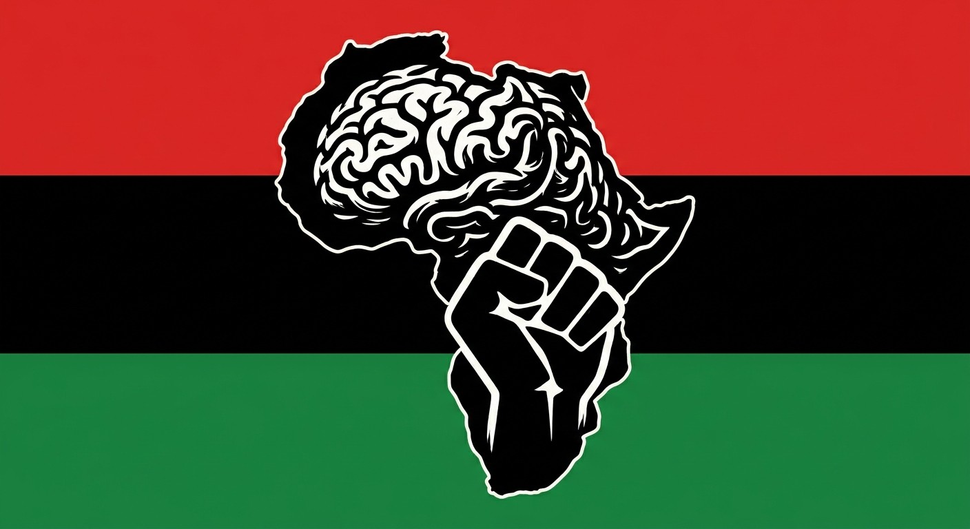 The AfricanIntellect emblem: a brain and a raised fist forming the shape of the African continent, on a red, black, and green field