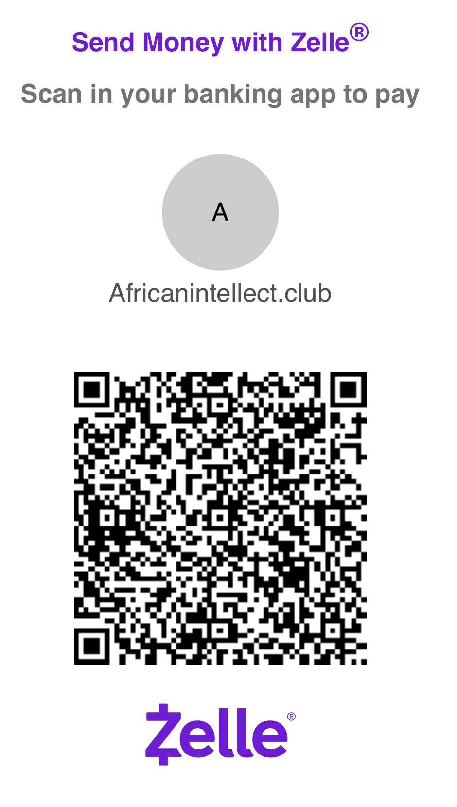Zelle card for Africanintellect.club: scan this code in your banking app to pay
